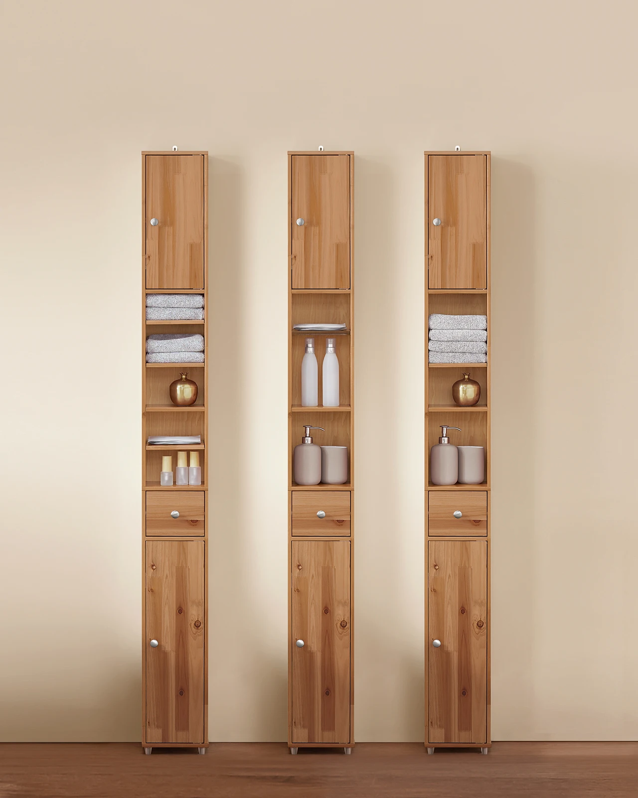 Image of SoBuy armadio alto da bagno con 5 scomparti armadio da bagno mensola da bagno con 1 cassetto e ante mobili da bagno colore legno BHT ca. 20x180x20 cm cod004