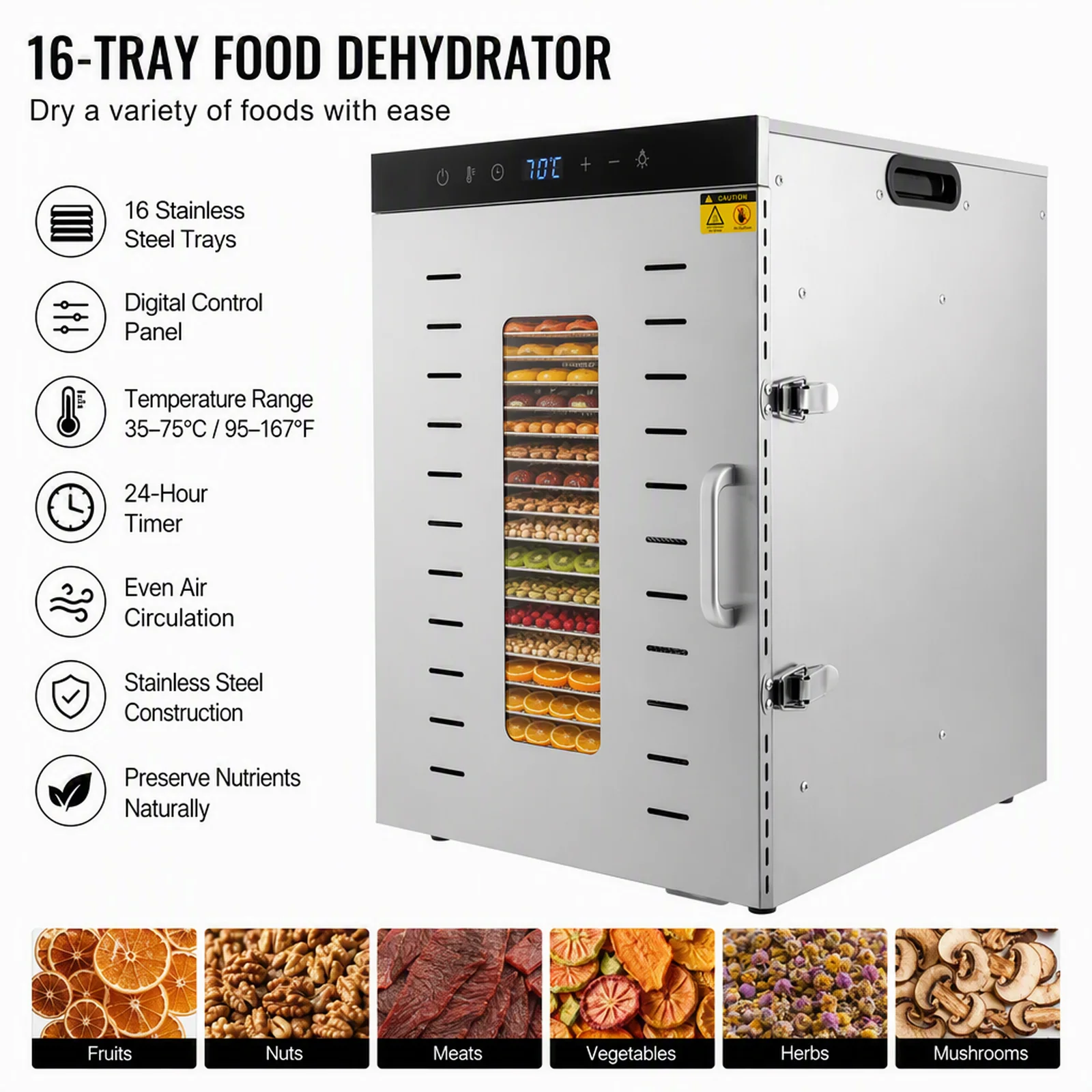 16-Layer Dried Fruit Machine Stainless Steel Food Dehydrator Fruit Vegetable Preserver Dryer Temp. Control 110v 1350w 15*11 in Large Capacity with Built-In Dual Fans and Large U-Shaped Heaters