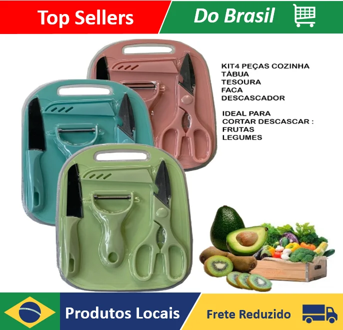 KIT Cuchillos Tijeras Pelador Tablero de cocina de acero inoxidable colorido 4 PIEZAS-Tienda de desmalezado