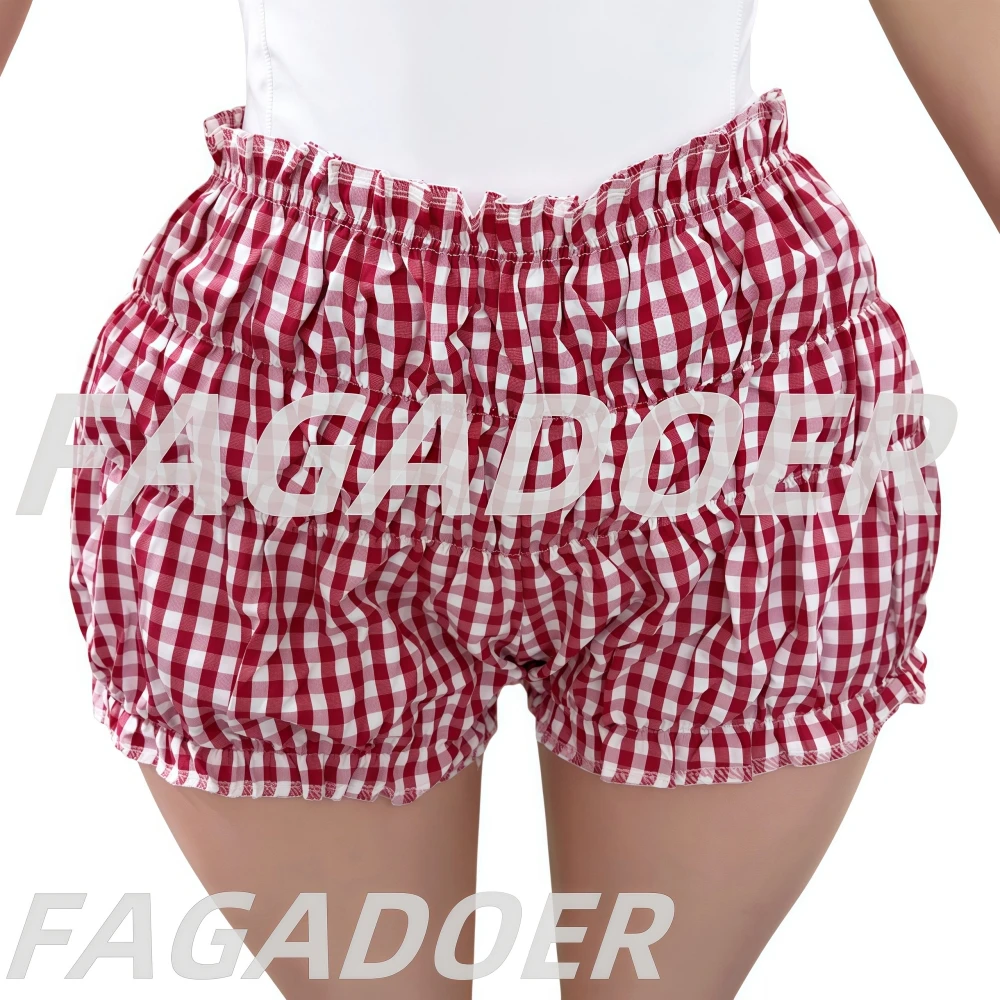 FAGADOER Fashion Sweet Plaid Print Ruched Shorts Two Piece Sets Women Spaghetti Strap Bodysuit + Shorts Outfits Y2K Streetwear