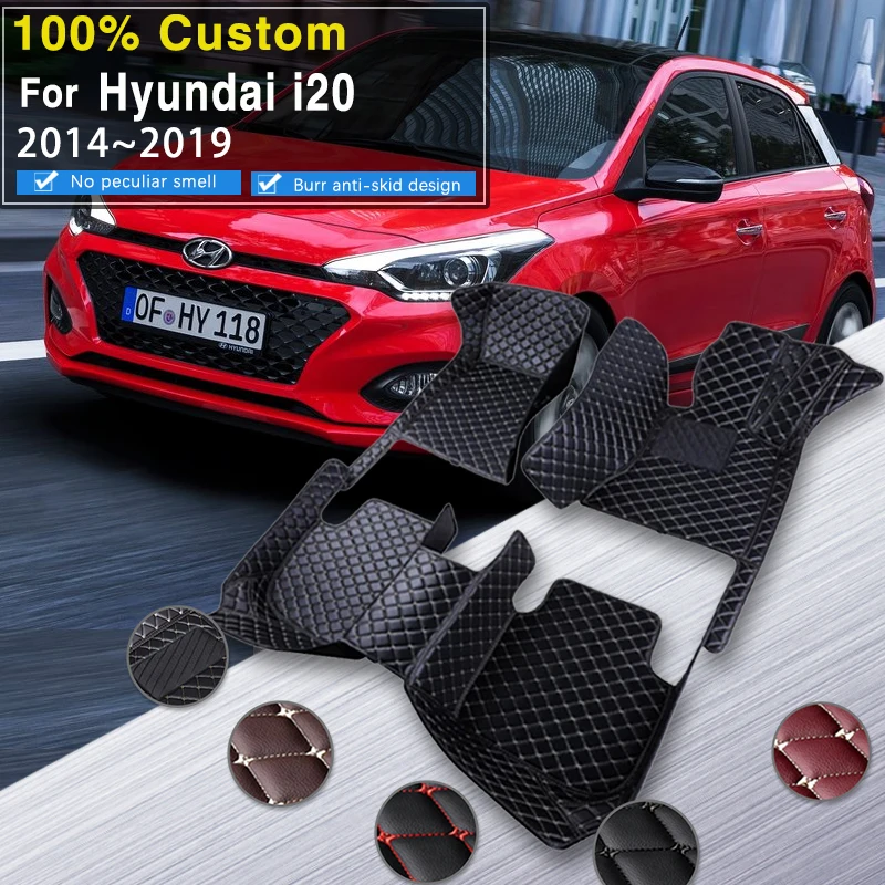 Car Floor Mats For Hyundai i20 GB IB MK2 2014~2019 Non-slip Luxury Leather Rug Anti Dirt Pad Auto Mat Full Set Car Accessories