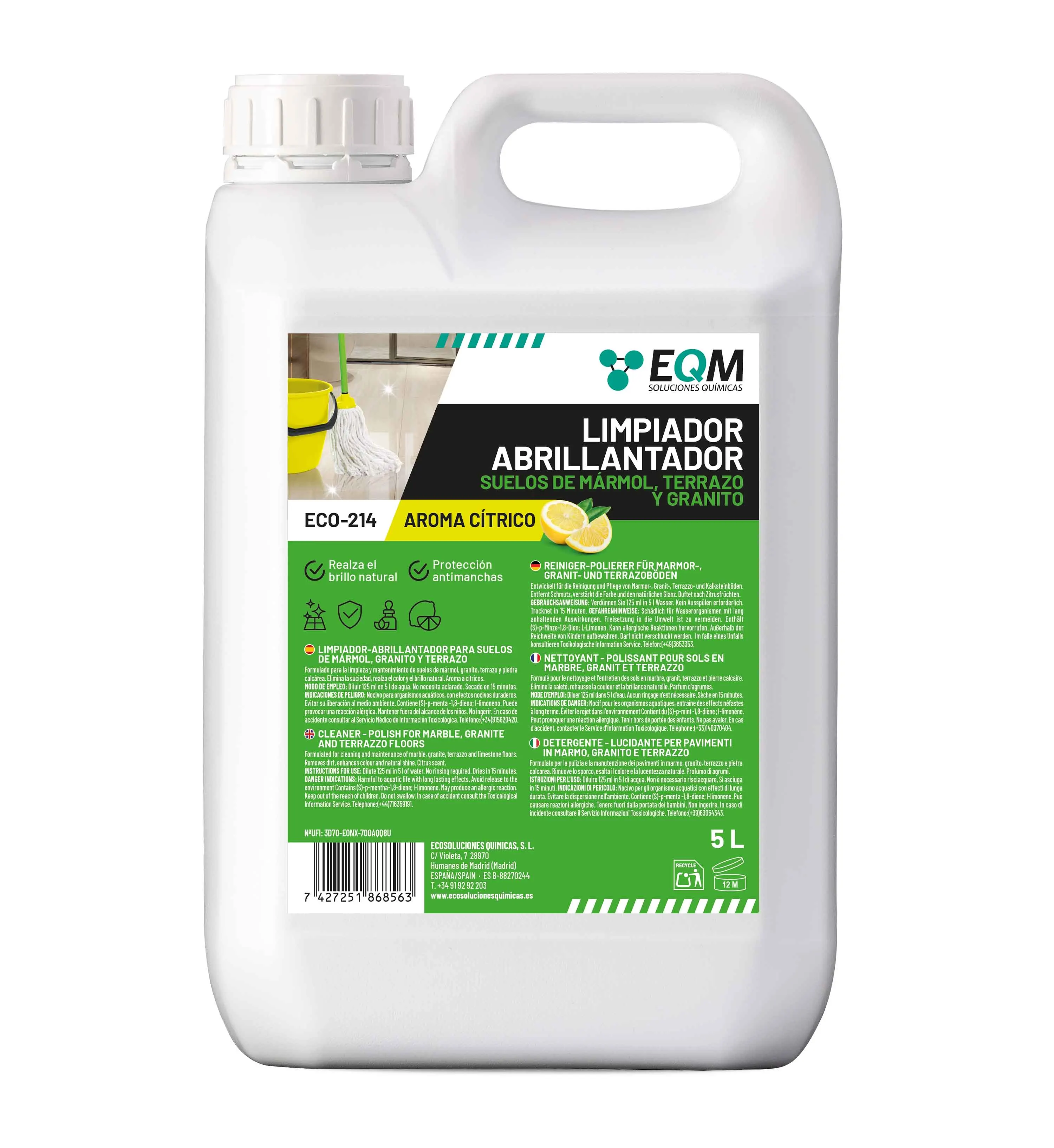 EQM - ECO-214 - Limpiador Abrillantador para Suelos de Mármol, Granito y Piedra Natural - Realza color, brillo, aspecto original
