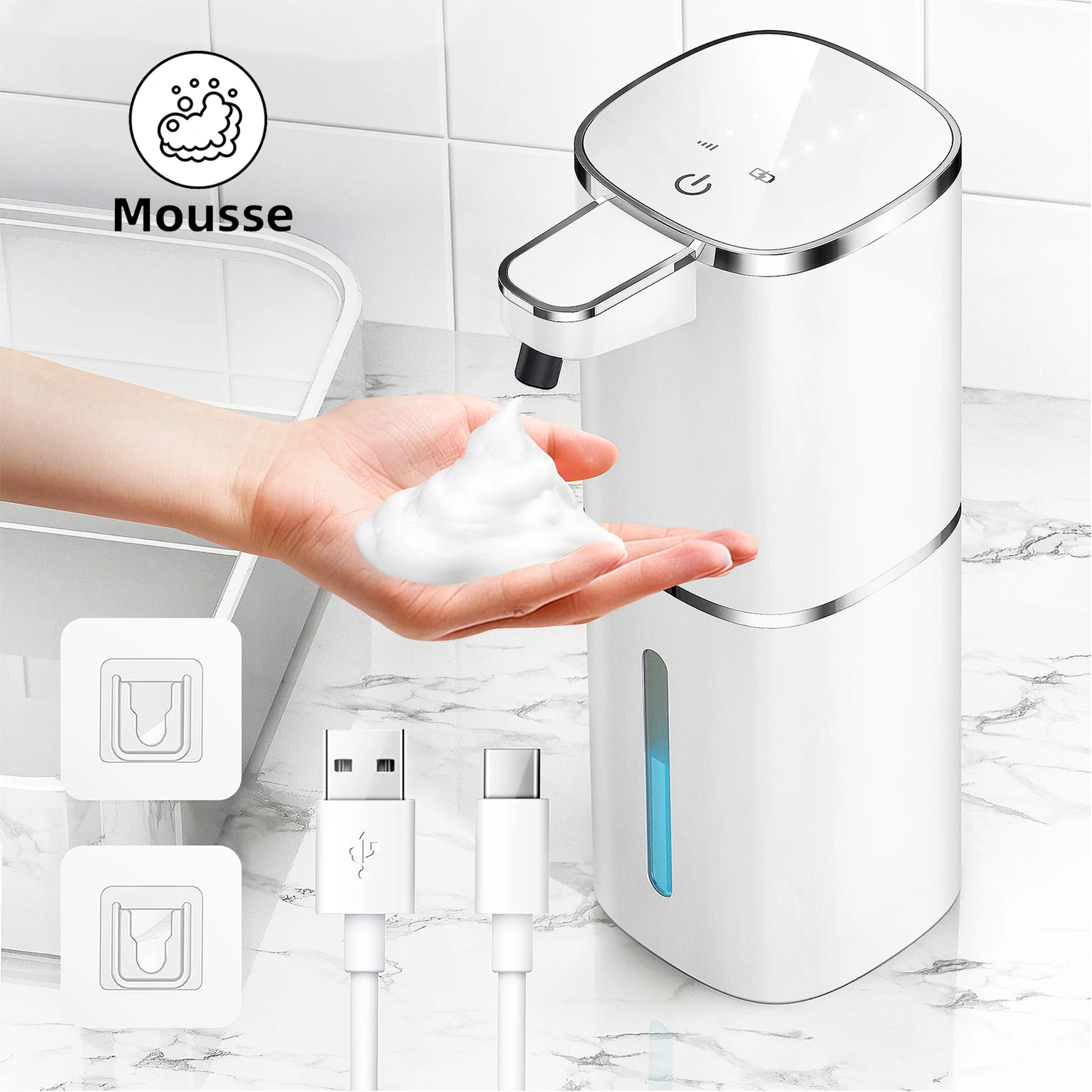 Contactloze automatische schuimzeepdispenser IPX5 waterdicht 400 ml 4 verstelbare USB-oplaadbare elektrische dispenser met infraroodsensor voor toilet Kantoor