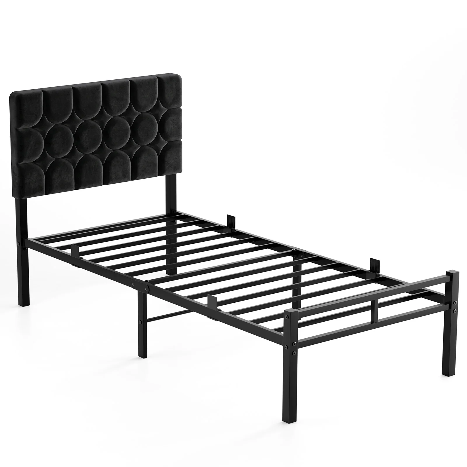 90x200 cm großes Bett mit Untergestell, Bettgestell mit gepolstertem Kopfteil, Metallbett mit 12 stabilen Latten, grauer Samt, Einzelbett