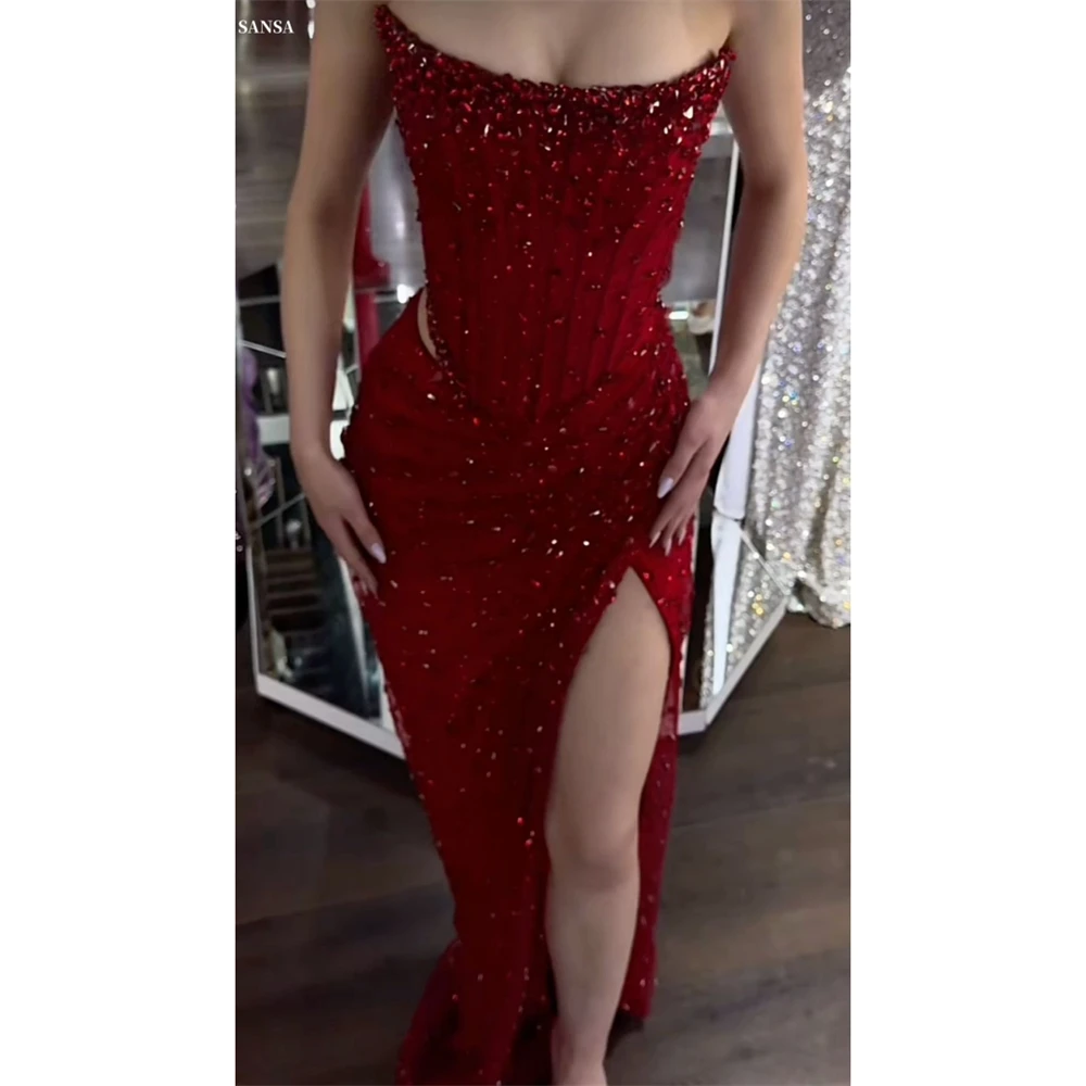 

Sansa Customized Red Rhinestones Side Split Mermaid Prom Dress Cut-out Sleeveless Vestidos De Noche Floor-Length Formal Evening