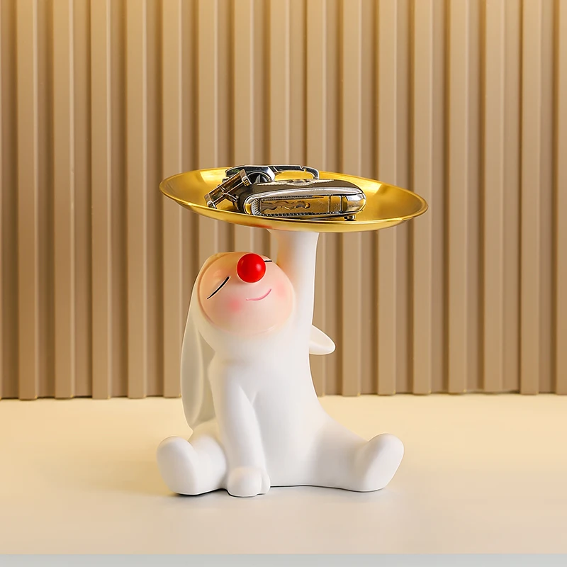 Adorable White Bunny Resin Sculpture Golden Tray Key Holder for Small Items Entrance Desktop Bedroom Home Tabletop Decor