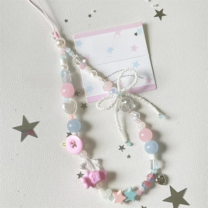 Chaîne de breloques de téléphone en perles de lapin rose, mignon nœud papillon blanc coréen, accessoires de téléphone, sangle de téléphone, lanière Anti-perte, corde suspendue