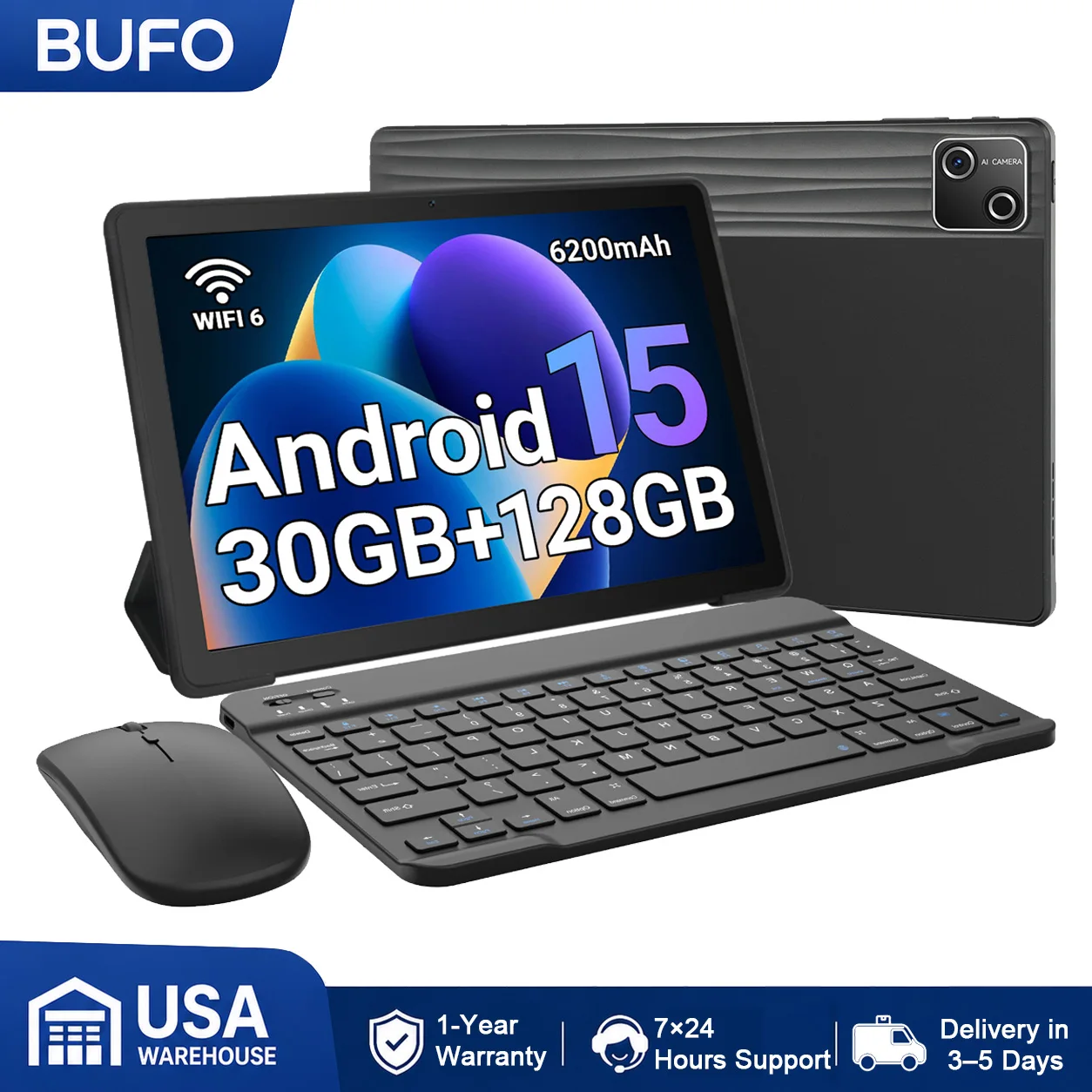 10.1 Inch Octa Core Tablet Bundle Android 15 Tablet 30GB(6+24) RAM 128GB ROM 1280*800 HD Screen 6200mAh Battery Keyboard Mouse Case Stylus Included Black Business Learning Tablet PC