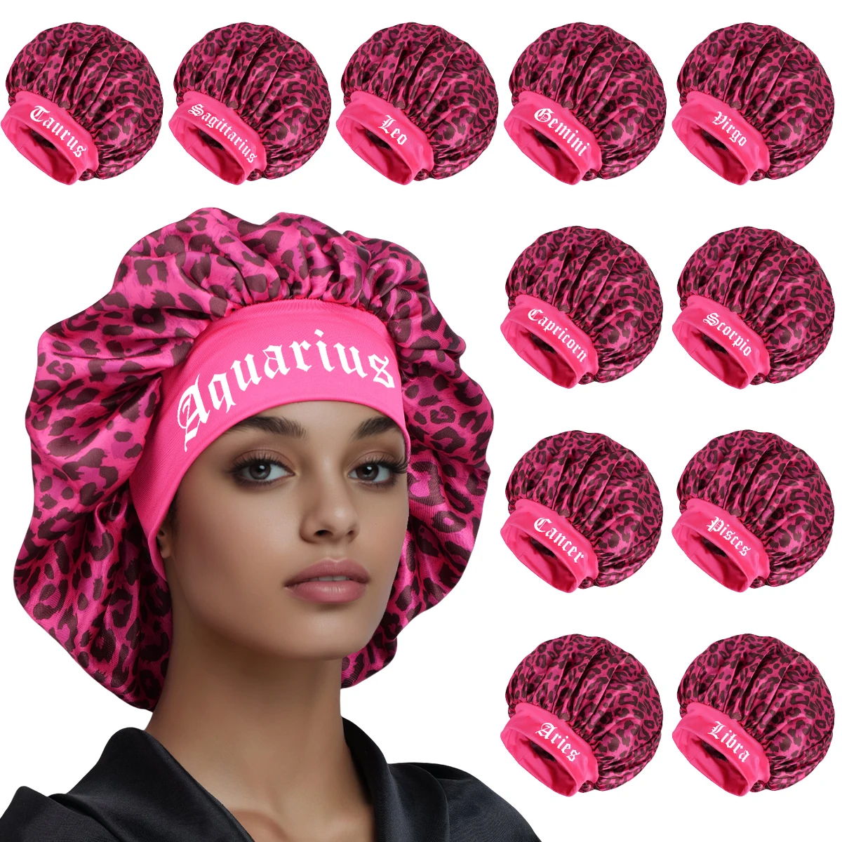 1pc Zodiac Sign Satin Sleep Bonnet with Wide Brim,Soft & Comfortable Leopard Print Satin Sleep Cap,Hair Care Bonnet
