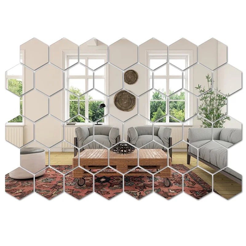 45 pçs espelho adesivo de parede, hexágono arte da parede adesivo, diy casa azulejos decorativos