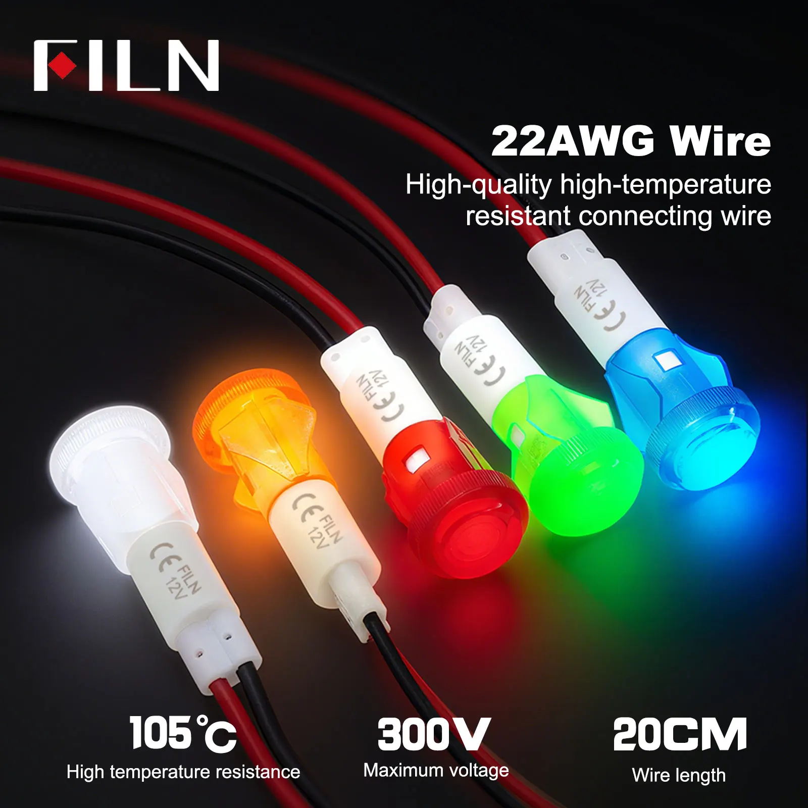 12mm panel hole red green yellow water heater plastic 12v indicator light with 20cm cable