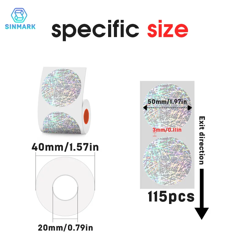 SINMARK 3 Rolls Holographic Laser Thermal Label 50mm Round Suit for Portable Thermal Printer SK20/M110/M220/P50 Sliver Sticker