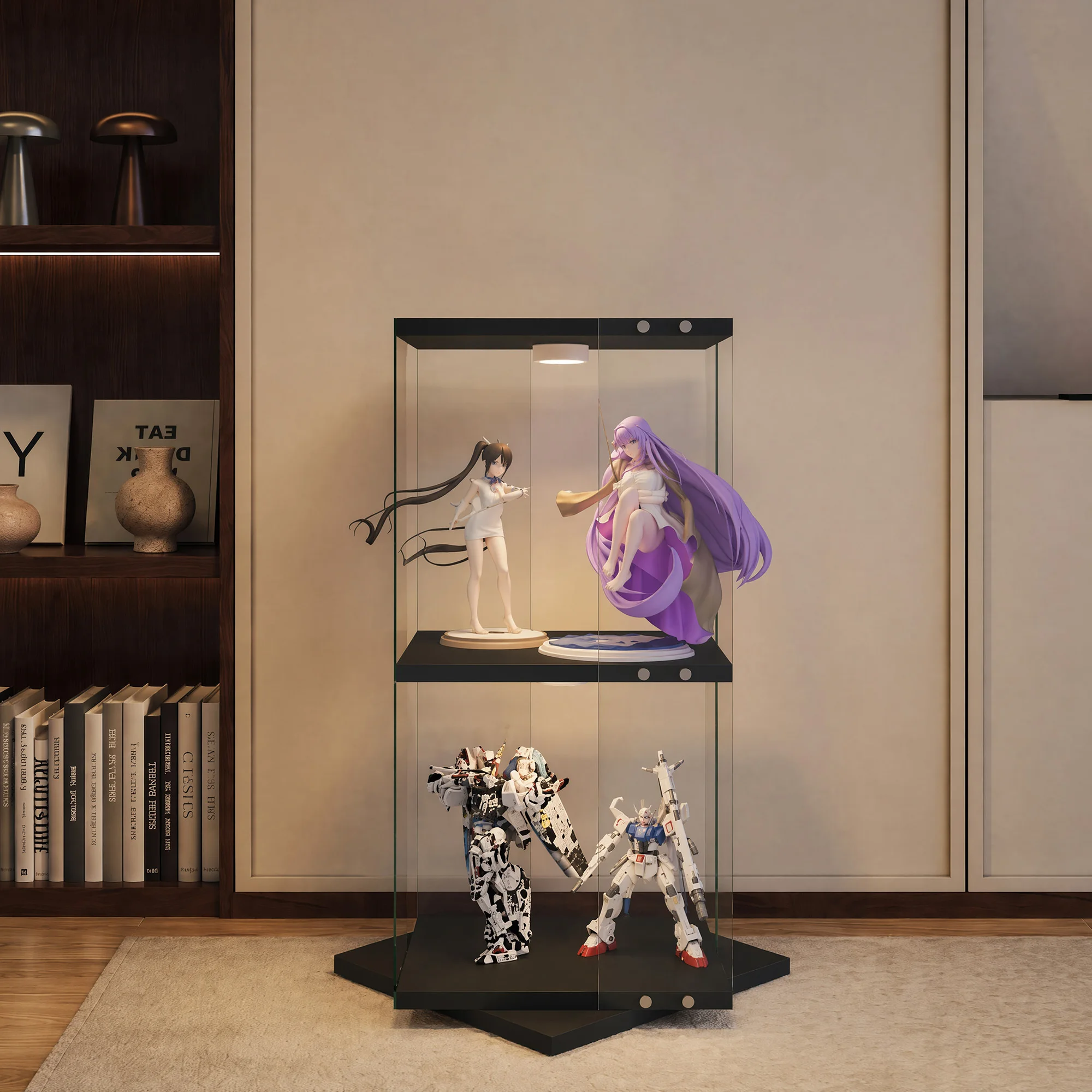 Vitrine rotative Anajqaqia 38×38×82cm avec 2 niveaux en acrylique transparent, vitrine de présentation pour figurines, boîte de rangement noire à porte unique pour figurines d'action, Gundam, figurines, jouets