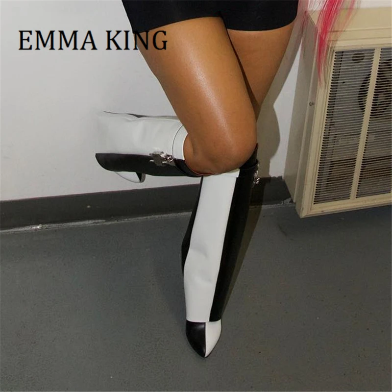 

Autumn Winter Women Lock Knee-high Boots Black White Faxu Leather Wedge Heels Motorcycle Boots Ladies Fashion Botas De Mujer