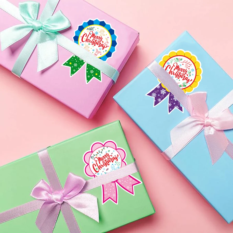 60 Pcs Merry Christmas Ribbon Stickers –Reusable Paper Christmas Labels for Holiday Decorations, Greetings, Envelopes And Crafts