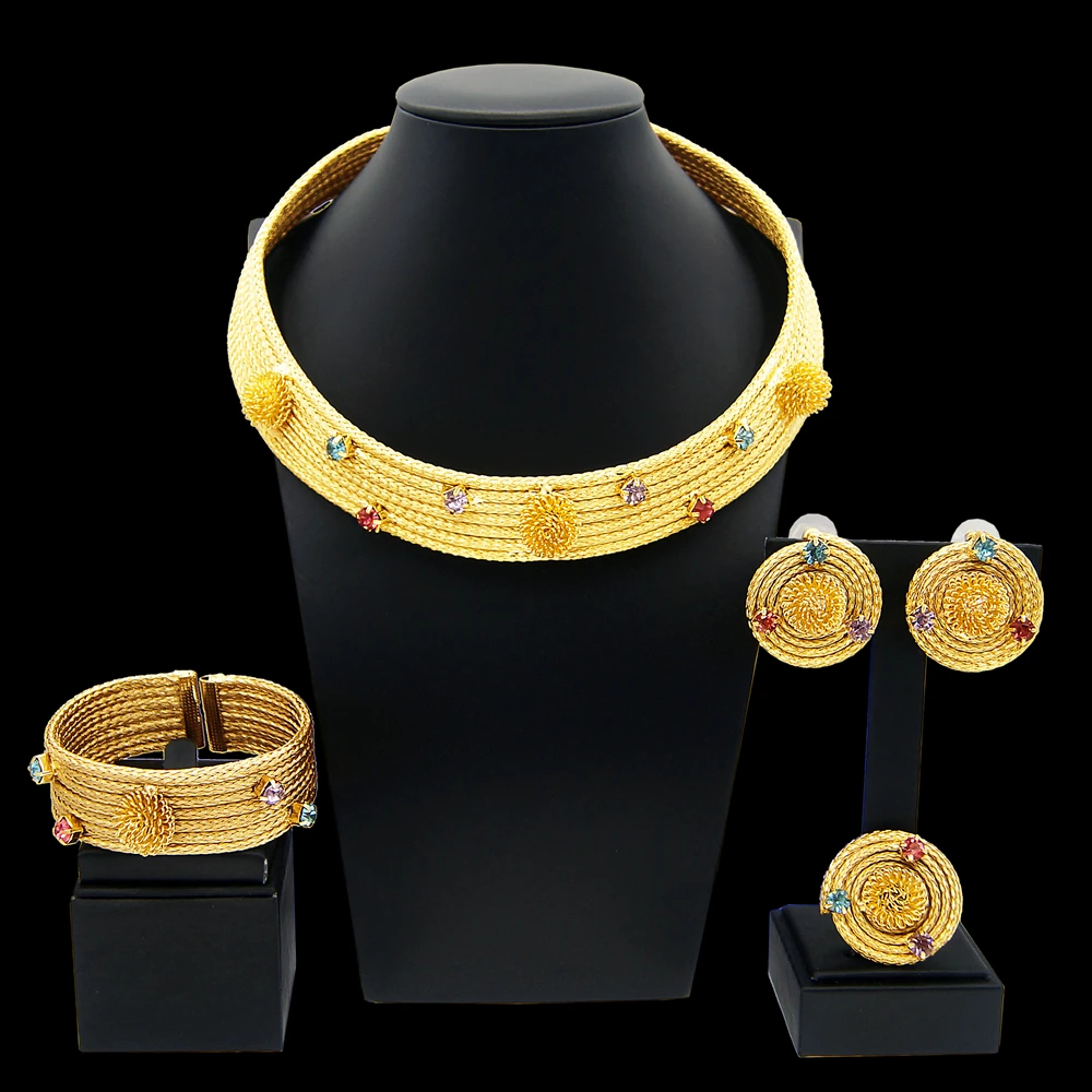 فاخر الذهب اللون النساء طقم مجوهرات حفلة عيد ميلاد أقراط الطوق اكسسوارات مجموعة ملونة الحجر الاصطناعي هدية Yll #6