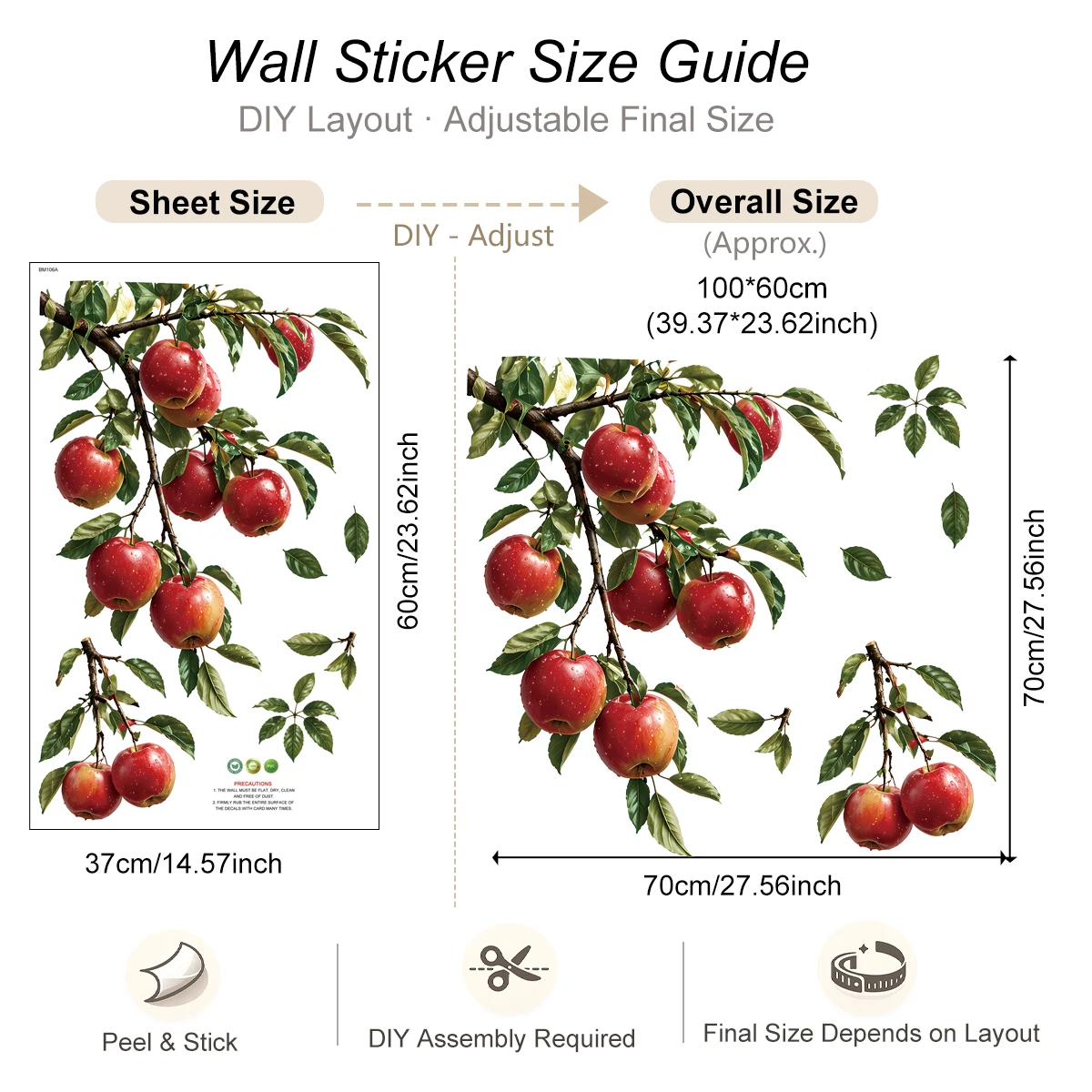 3D Red Apple Refrigerator Magnet, Waterproof Vinyl Wall Sticker, Apple Branch Pattern, Suitable for Kitchen and Home Decoration view 6