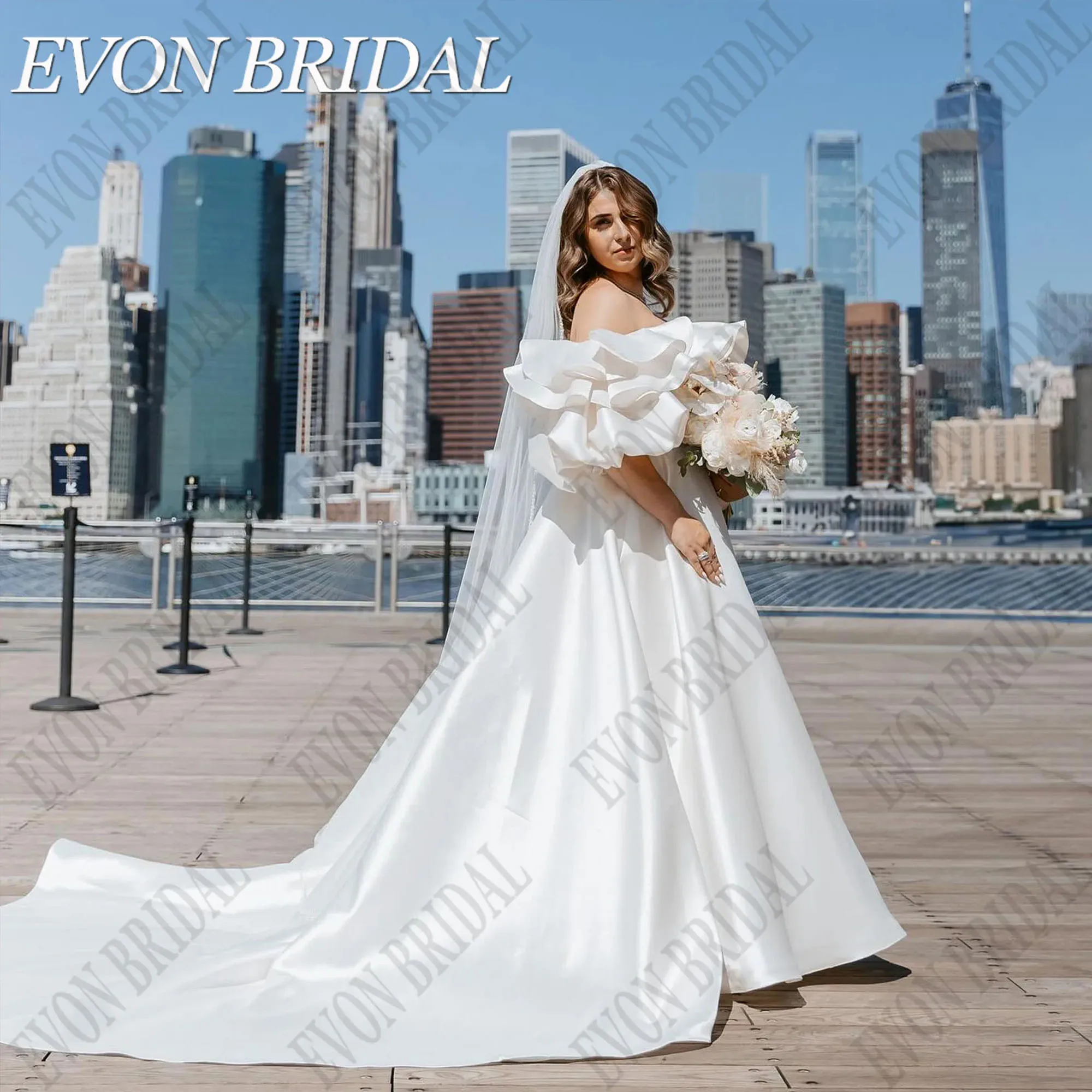 

Large Size Satin Wedding Dress 2025 Bride Off Shoulder Puff Sleeves A-Line Elegant Vestidos Novias Boda EVON BRIDAL Customized