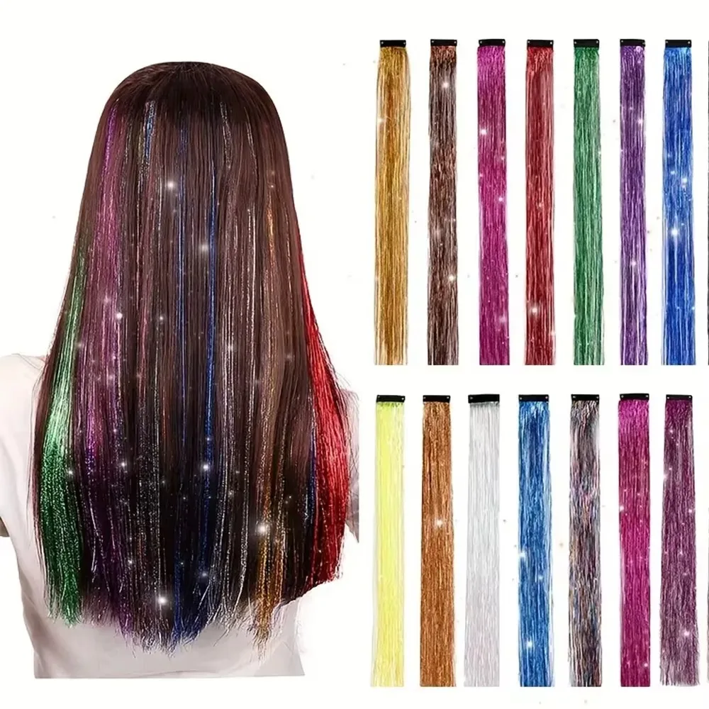 Extensions capillaires synthétiques longues et lisses à Clip arc-en-ciel, 5 pièces, postiches brillantes, perruques de fête cosplay d'halloween Y2K pour filles