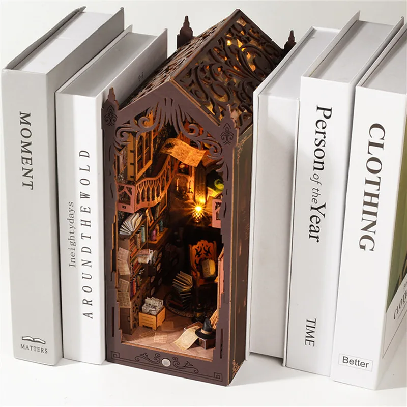 3D Bookend Kit Wood light DIY Book Nook Kit Magic Library Mini Dollhouse Model Bookshelf Insert Decor Bookend Building Kit