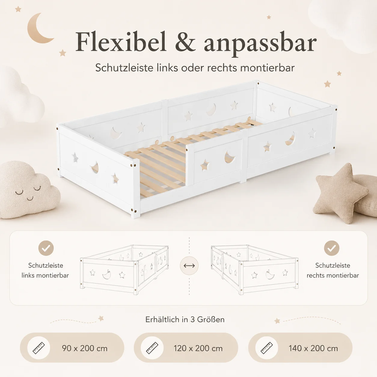 Lit enfant avec barrières latérales, 90x200 cm, motif étoile et lune, cadre de lit style occultant, également disponible en tailles 120x200 et 140x200, lit simple sécurisé spécialement conçu pour la chambre d'enfant, blanc