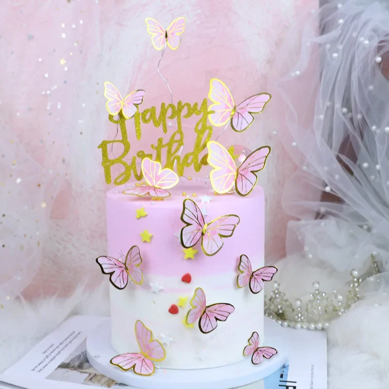 10pcs Dessert gâteau décor papillon estampage or papillon gâteau Toppers princesse fille mariage joyeux anniversaire fête décor