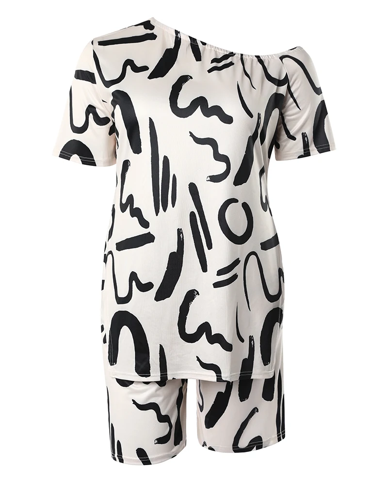 Plus Size Abstract Print Side Slit Top & Shorts Set