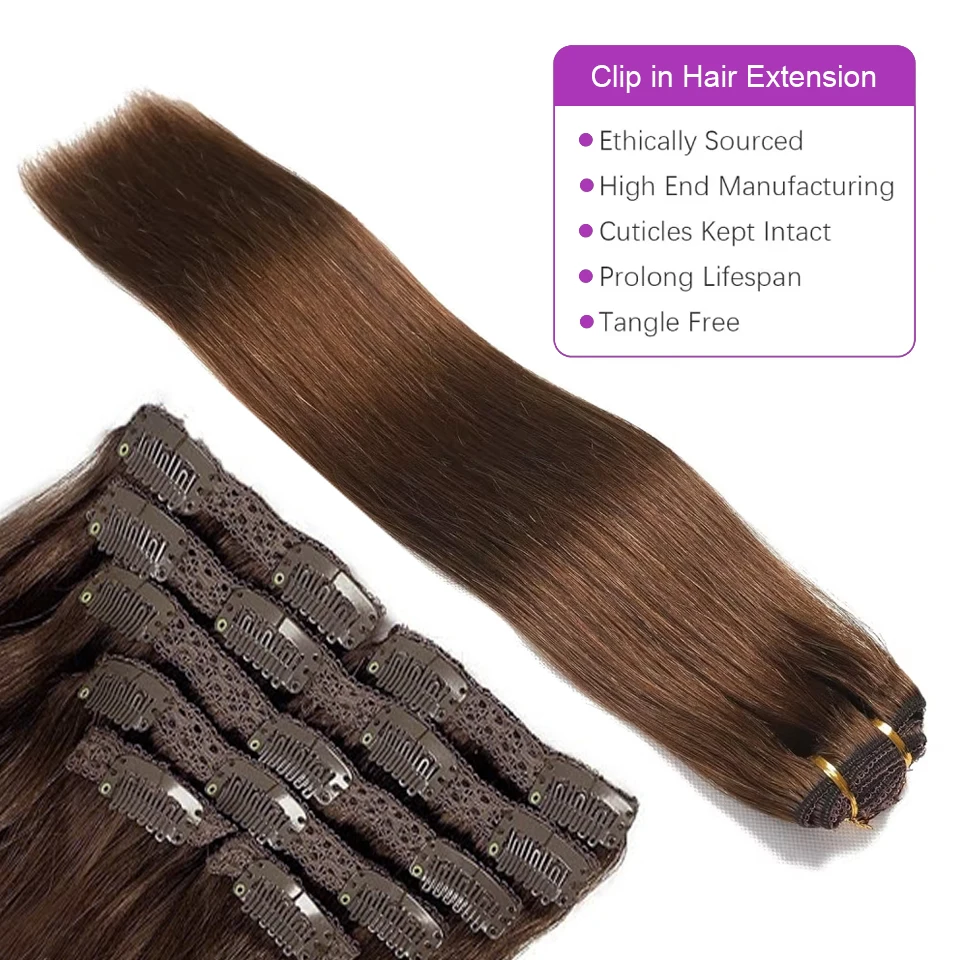 클립인 헤어 익스텐션 하이라이트 컬러 # 4/27 브라질 스트레이트 리얼 인모 헤어 익스텐션 클립 16-26인치 내추럴 컬러
