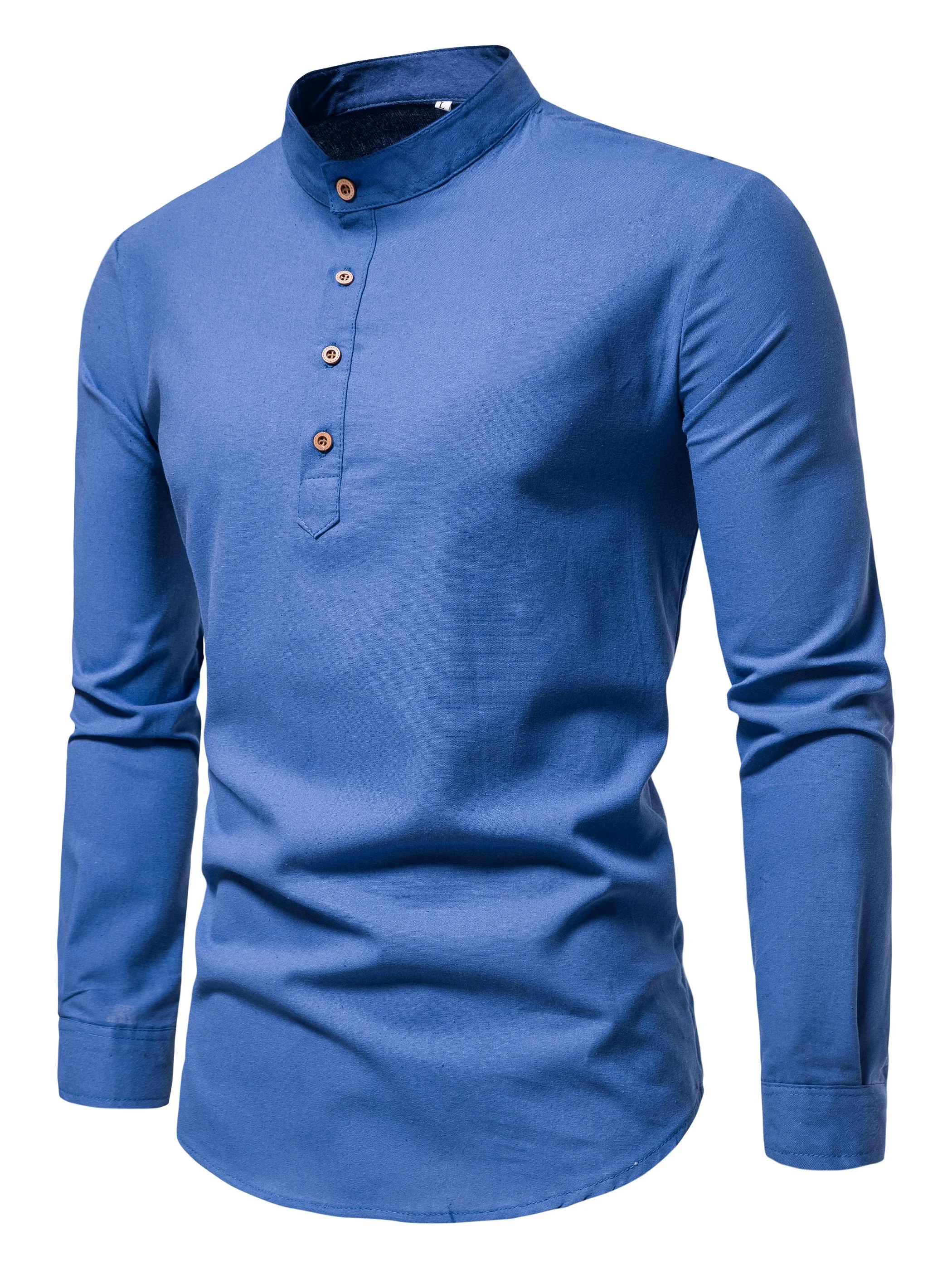 Spring and autumn men\'s pure cotton solid color shirts, elegant long-sleeved stand-up collar shirts, slim-fit men\'s shirts