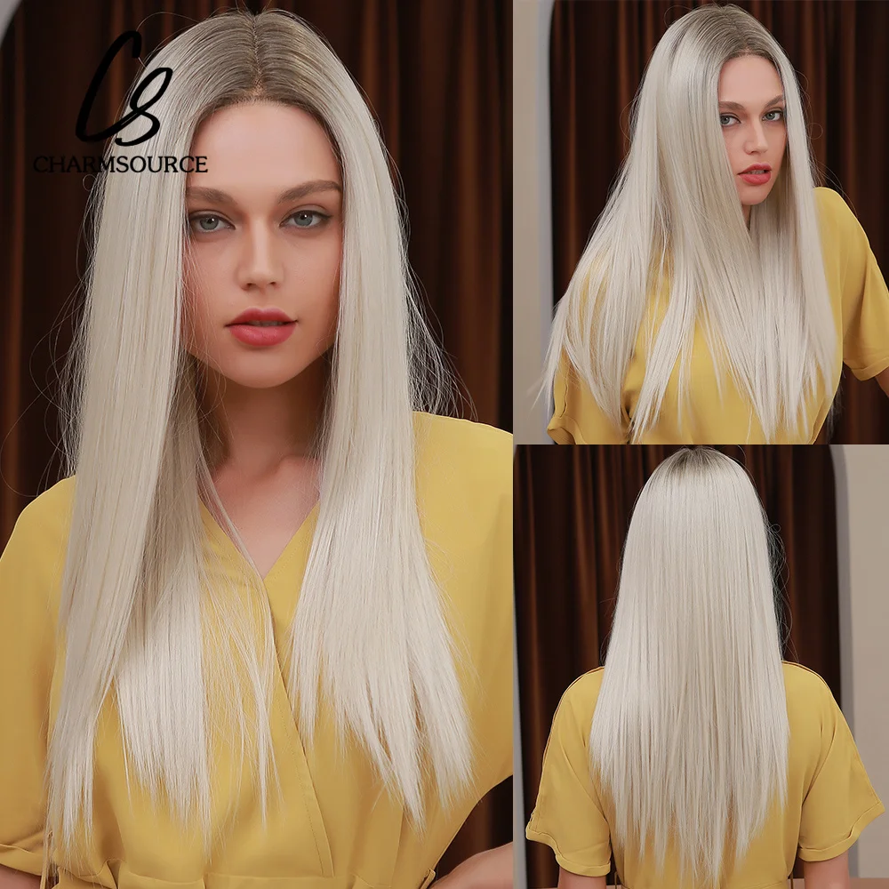 

CharmSource Synthetic Lace Front Wigs Long Straight White Blonde Daily Party Cosplay for Black White Women High Density Hair