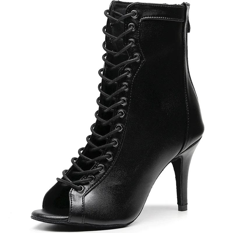 Kobieta Czarny Brązowy Latin Jazz Dance Shoes Open Toe High Heel Stiletto Bootie Girls Slim Heel 8.5cm/10cm Lace Up Dance Boots — 2