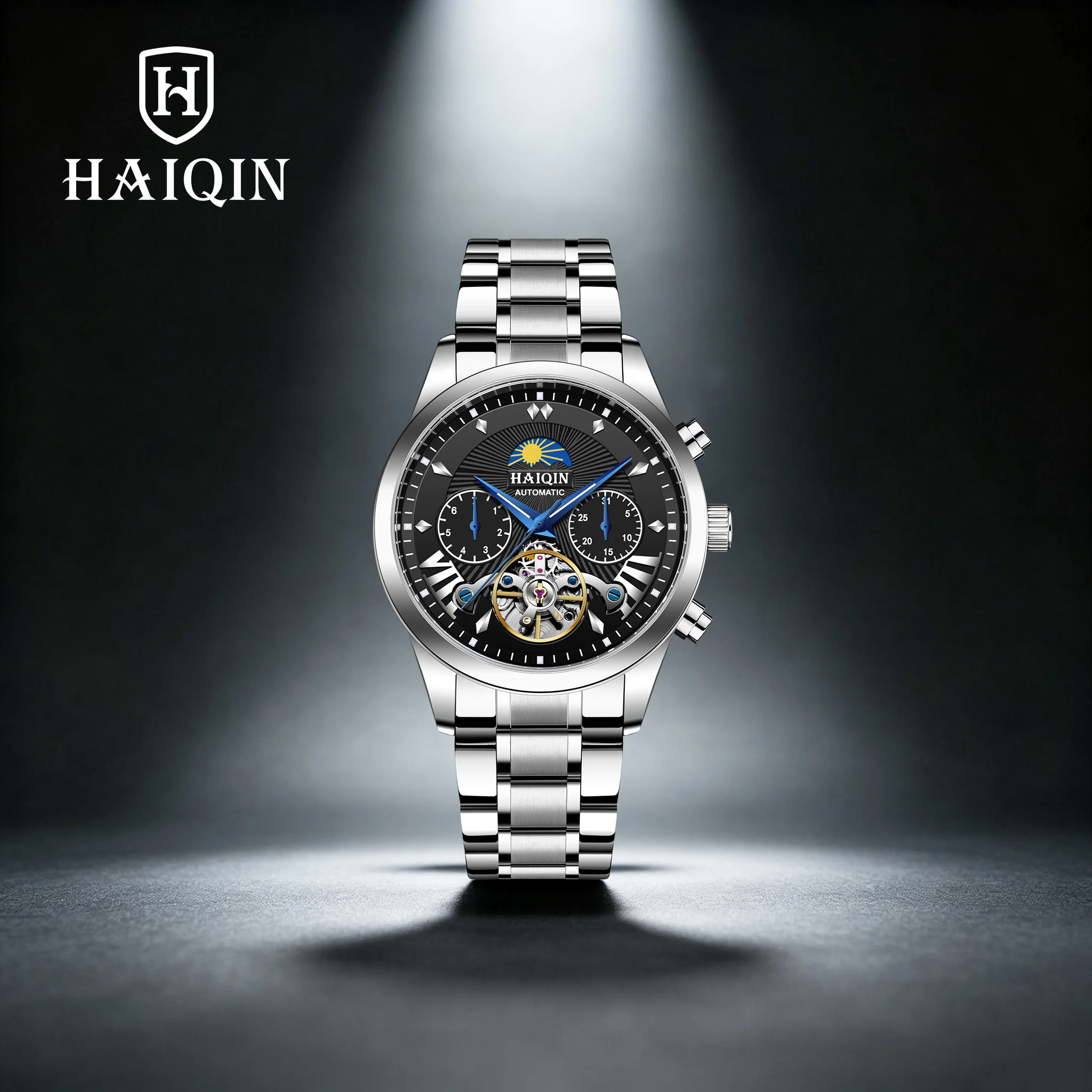 2026 HAIQIN New Luxury Business Men's Automatic Mechanical Watch Skeleton Tourbillon Moon Phase Dial Multi-Function Diving Watch