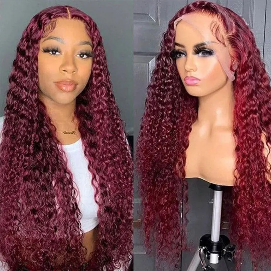 Perruque Lace Front Wig naturelle Deep Wave, cheveux humains, bordeaux 99j, 13x4 HD, pre-plucked, pour femmes africaines