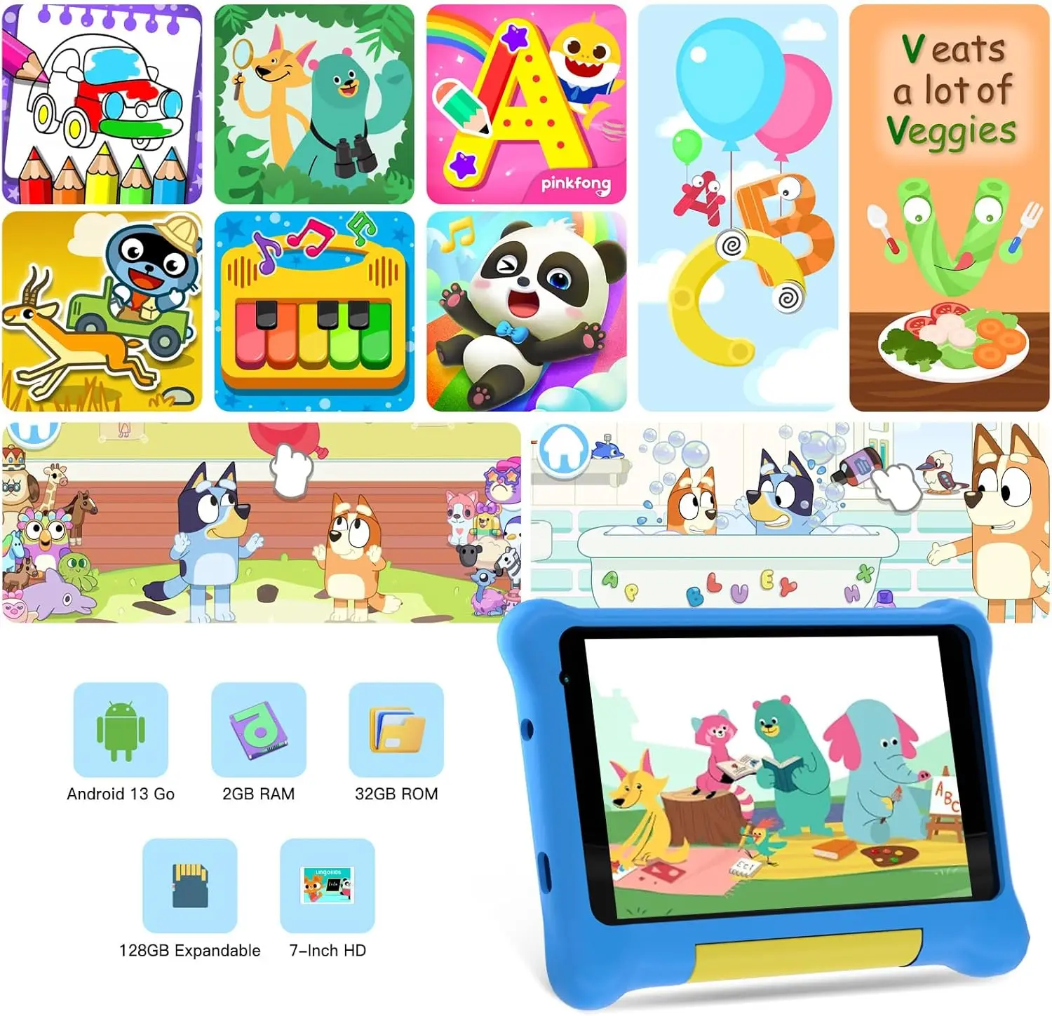 Tablet per bambini da 7 pollici Android 13 Quad Core 5 GB RAM 32 GB ROM WiFi doppia fotocamera per età 3-7 Regalo per bambini Software per bambini Gioco PC