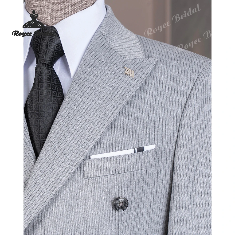 Abito da uomo a due pezzi con risvolto a punta a righe grigie Matrimonio 2026 Abito da sera doppio petto da sera Abiti personalizzati para hombre