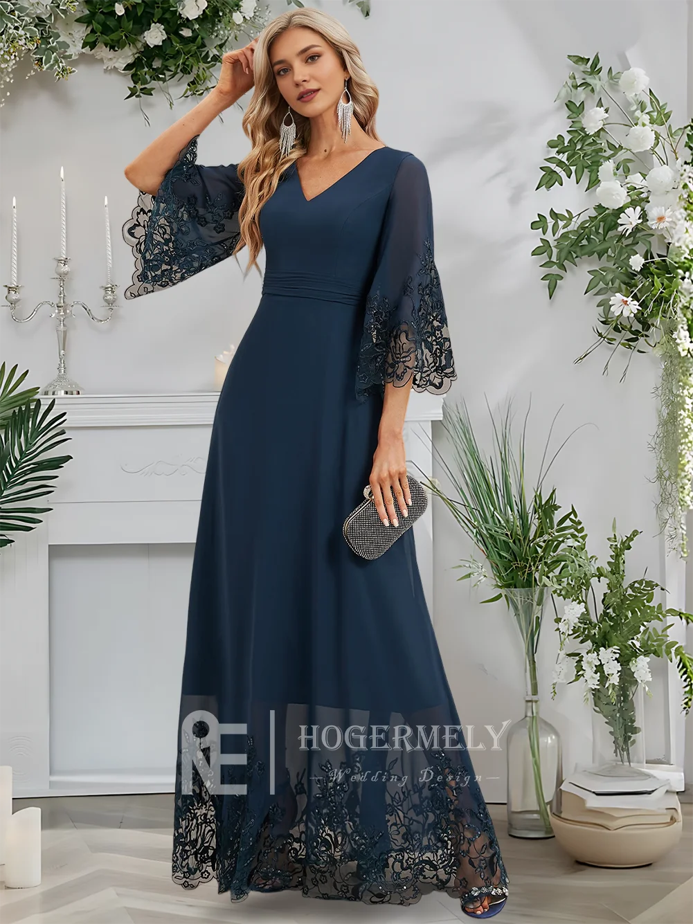 Um vestido de noite elegante feminino até o chão chiffon renda a linha vestido com decote em v 3/4 mangas flutter colher vestido de baile festa de casamento
