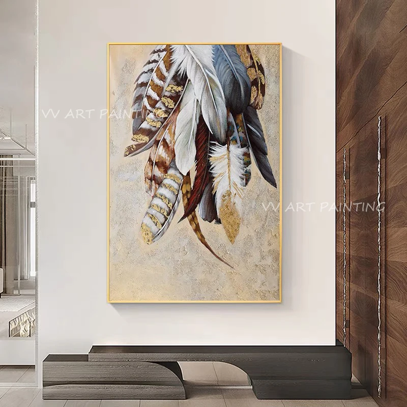 

Modern Abstract 100% Handmade Classic Brown Canvas Gold Foil Feather Artwork Oil Painting Large Size Home Decor For Living Room