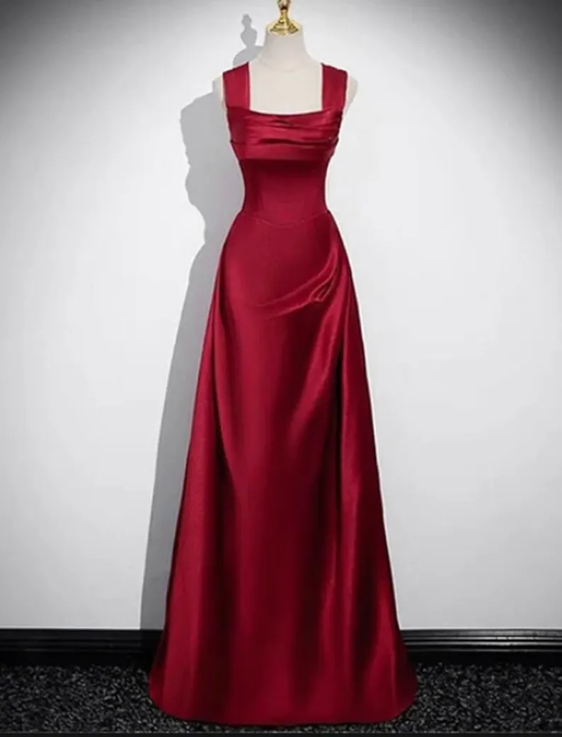 Satin Square Collar A-line Evening Dresses Spaghetti Straps Sleeveless Pleated Cocktail Gown Elegant Backless Lace Up Prom Dress