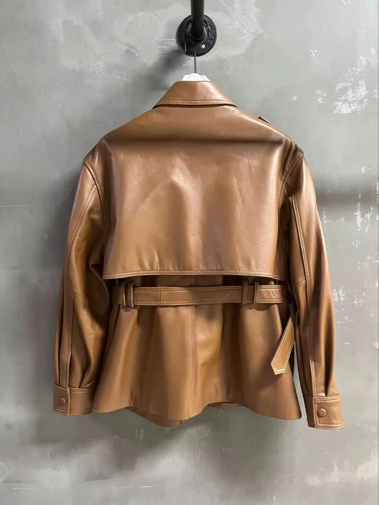Versatile fashionable solid color belted leather jacket