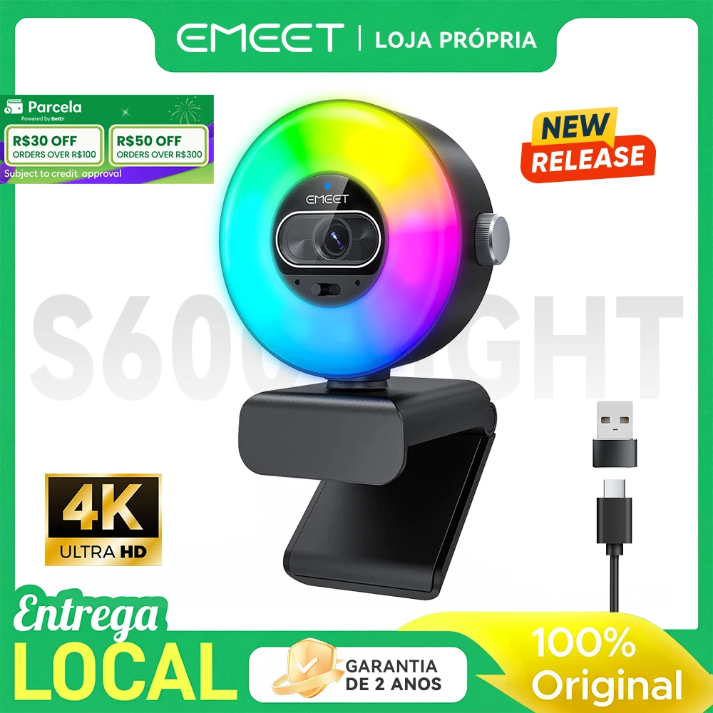 EMEET S600L Webcam 4K para Streaming com Luz de Anel, 4 Modos de Iluminação, Efeito Arco-Íris, Sensor de 1/2", Imagem com IA, PDAF de 0.2S, 2 Microfones, Controle por Botão Giratório