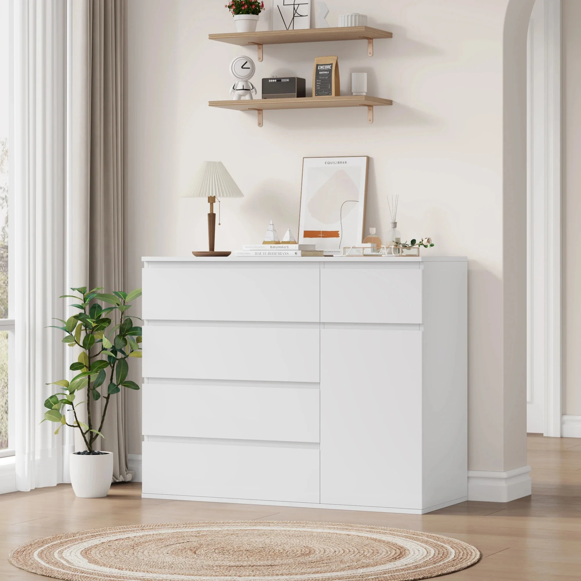 Getone Witte Ladekast Slaapkamer, Hoge Ladekast met 5 Laden 1 Deur, Slaapkamermeubilair Dressoir Opbergkast Kast Slaapkamer Dressoir, voor Eetkamer Woonkamer Hal 100x80x40cm Wit/Zwart - afbeelding 2
