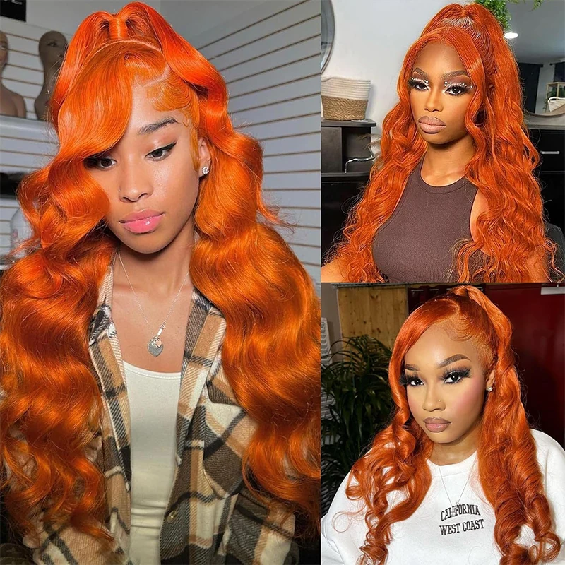 36 Inch Ginger Orange Body Wave 13x4 Lace Frontal Wig 200 Density 13x6 #350 Colored Wavy Lace Front Human Hair Wig For Women