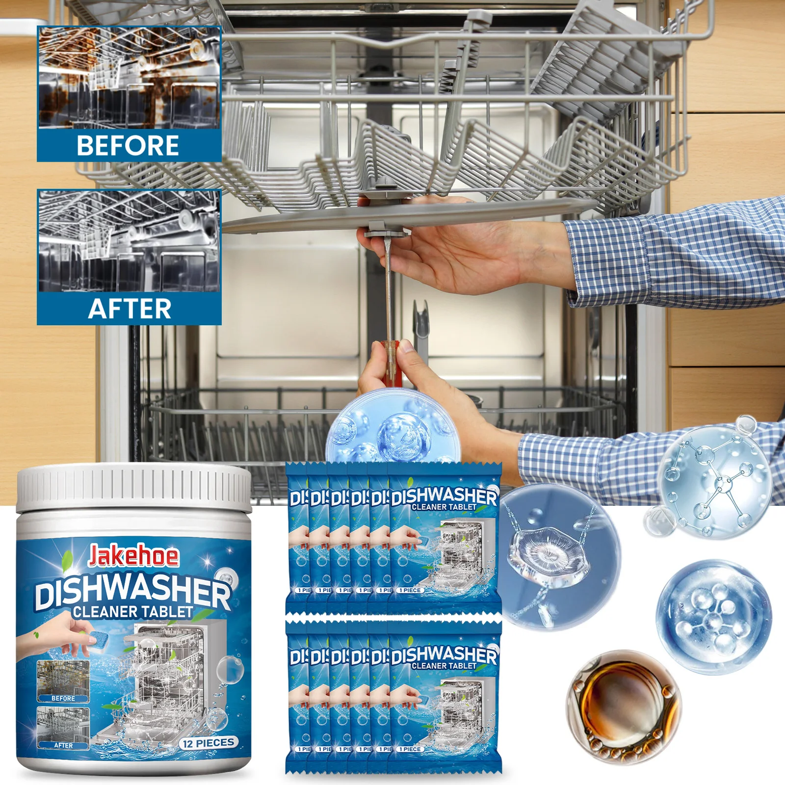 12PCS Dishwasher Cleaner Tablets Kitchenware Degreasing Powerful Decontamination Eliminate Bad Odors Restoring Gloss Descaling Cookware Effervescent Tablets