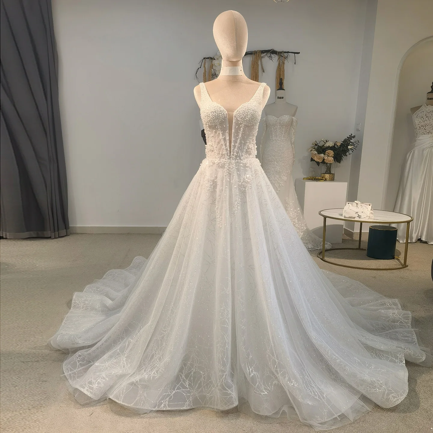 

Шарон Саид 202, современное свадебное платье из тюля с жемчугом и белым тюлем, роскошные трапециевидные платья невесты со шлейфом AM014, индивидуальный заказ