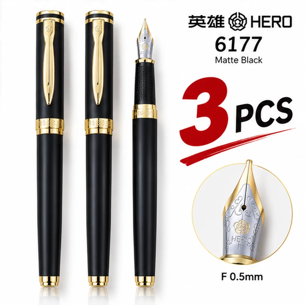 3-TEILIGES ECONOMY-SET Hero 6177 Business-Füllfederhalter, Vollmetallgehäuse, 0,5-mm-Standardfeder, flüssiges Schreibset, inklusive Tinte, Geschenkverpackung