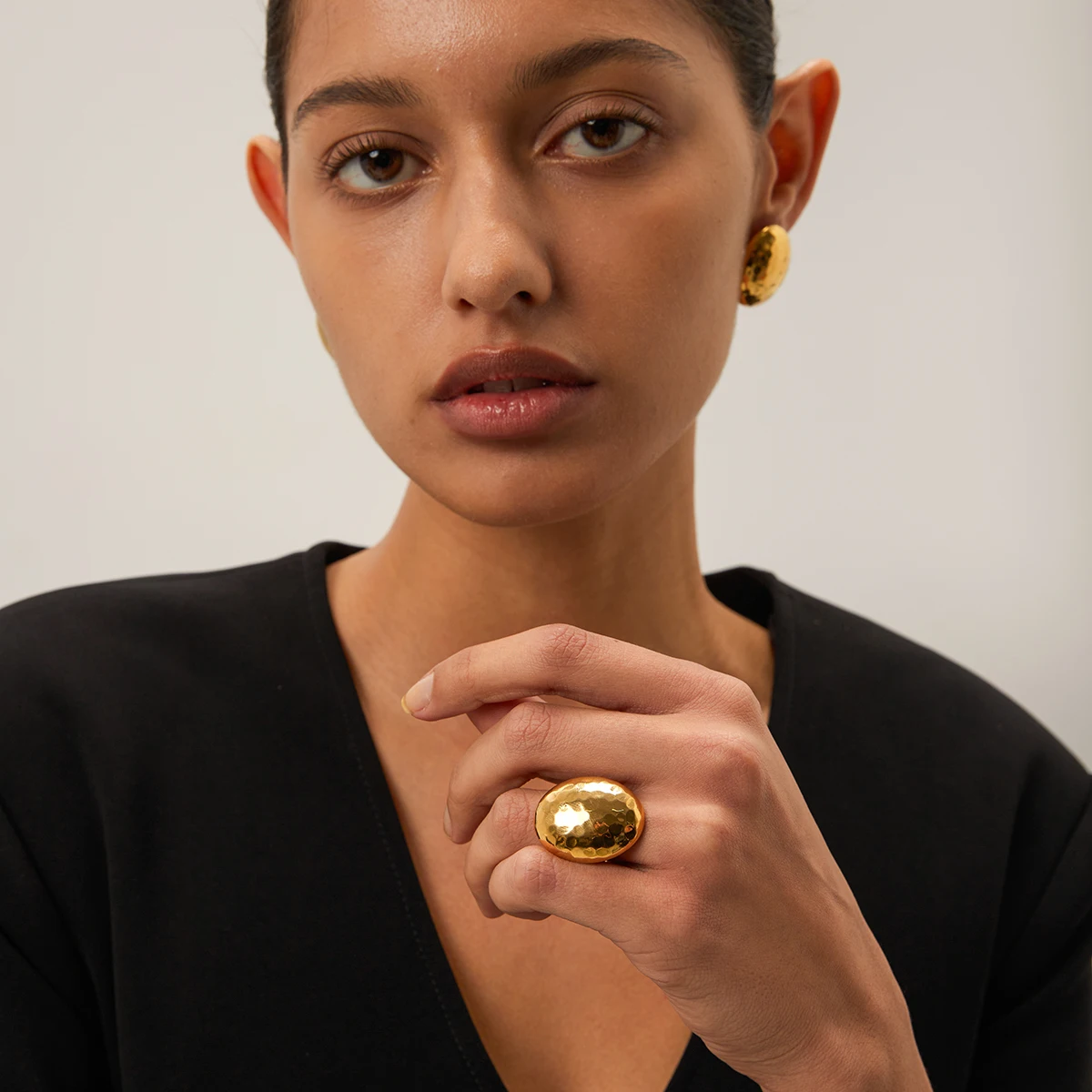 JewelryPoster Large Oval Geometric Stainless Steel Gold 18K Plated Waterproof Fashion Charm Stud Earrings Ring Jewelry for Women