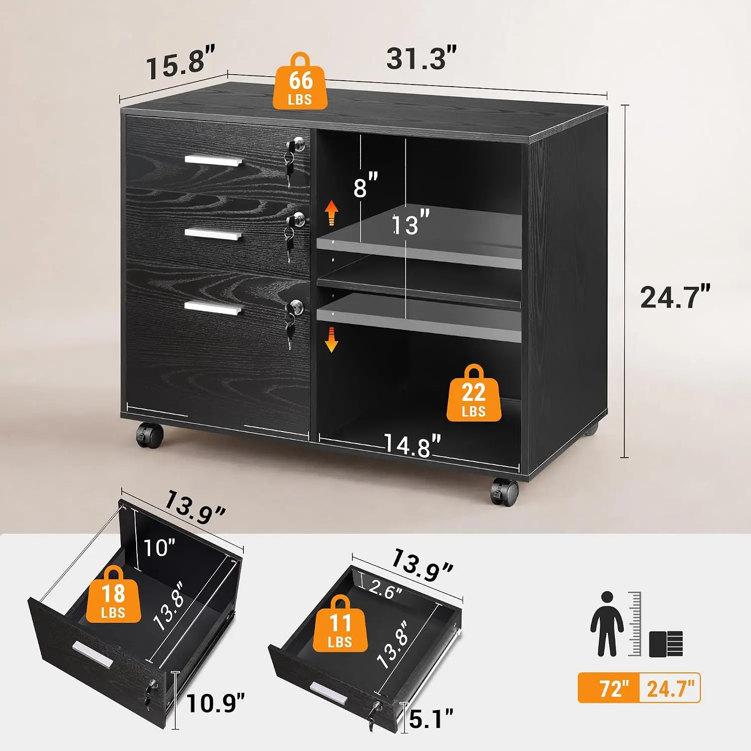 3-Drawer File Cabinet with Lock, Mobile Wood Filing Cabinet, Black Rolling Printer Stand, Office Cabinet, Open Storage Shelves, Letter & A4 Compatible, Home Office, Under Desk Storage