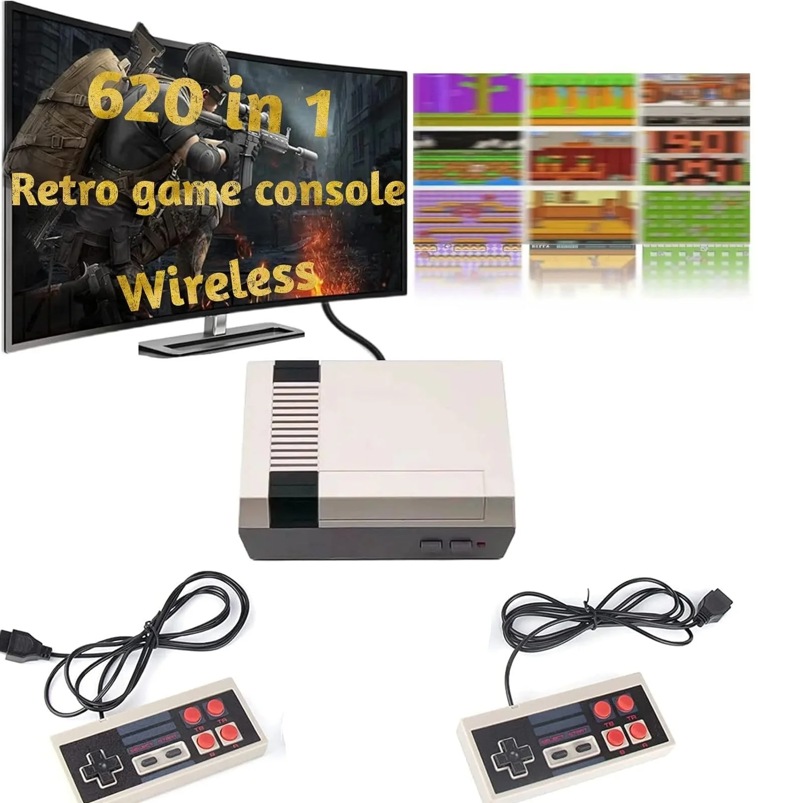 Retro Game Console with 620 Built-in Video Games,Classic Mini Game System with 2 Wired Controller, AV Output Plug and Play Games