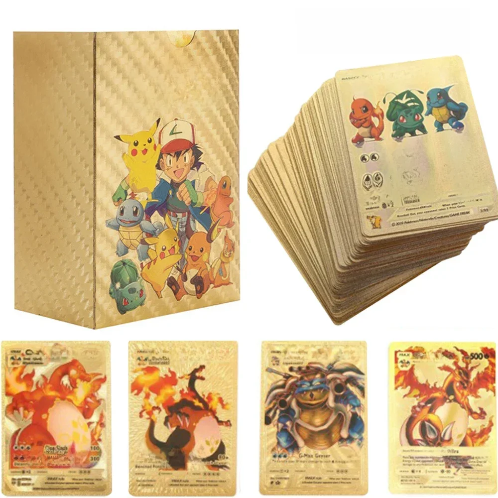 Pokémon Gold Foil Cards, VMAX GX Cards, Inglês, Francês, Espanhol, Alemão, Pikachu, Charizard,
