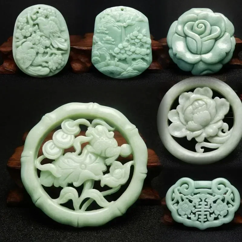 Naturalny kamień szmaragdowy Guizhou Hollow rzeźbiony szczęśliwy smok zwierzęcy kwiat wisiorek naszyjnik biżuteria moda Amulet szczęście prezent kobiety — zdjęcie 2
